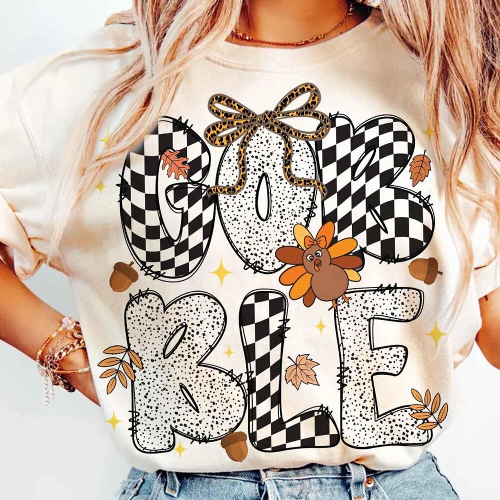 Gobble Turkey Thanksgiving Thankful Shirt, Cute Fall Holiday Tee for Turkey Day